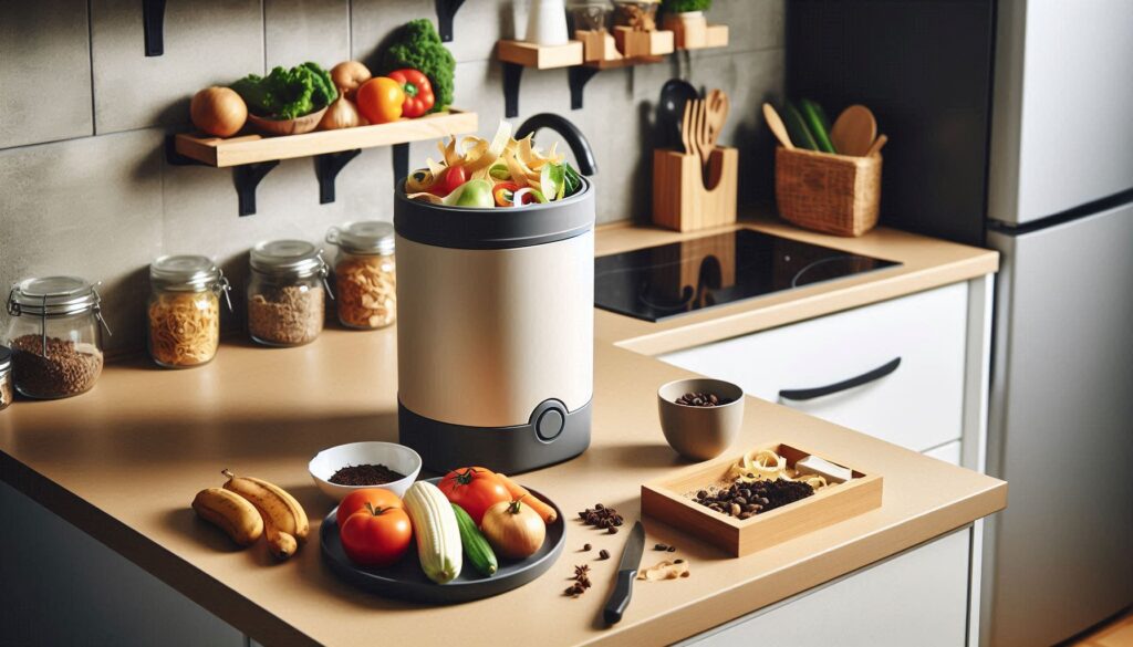 A countertop compost bin in a small apartment kitchen, with food scraps like vegetable peels and coffee grounds. Show a modern, odor-free compost bin that fits seamlessly into the space.
