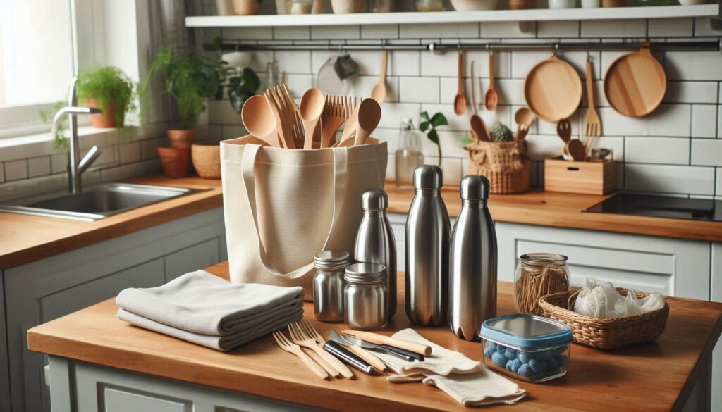 A-kitchen-counter-in-a-small-apartment-with-reusable-items-like-stainless-steel-water-bottles-cloth-grocery-bags-bamboo-utensils-and-glass-food-containers