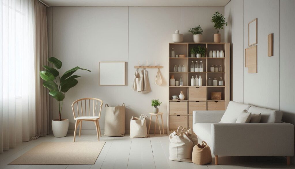 A minimalist small apartment with clean lines, neutral colors, and only essential furniture. Show a decluttered space with a few plants and reusable items like glass jars and cloth bags.