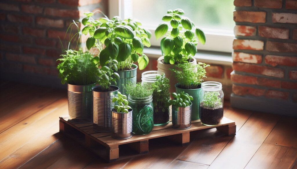 A small indoor garden in an apartment setting, with herbs like basil, mint, and parsley growing in recycled containers like mason jars and tin cans. The setting should feel fresh and green.