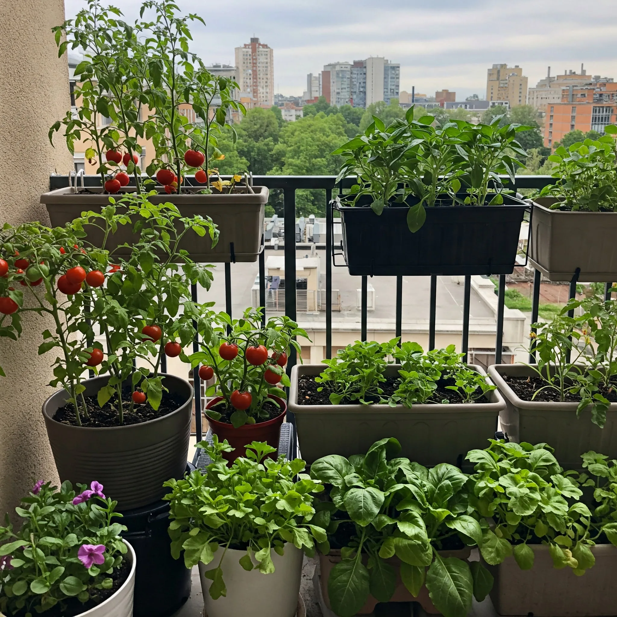 A vibrant balcony garden with potted vegetables and herbs, showcasing sustainable urban gardening