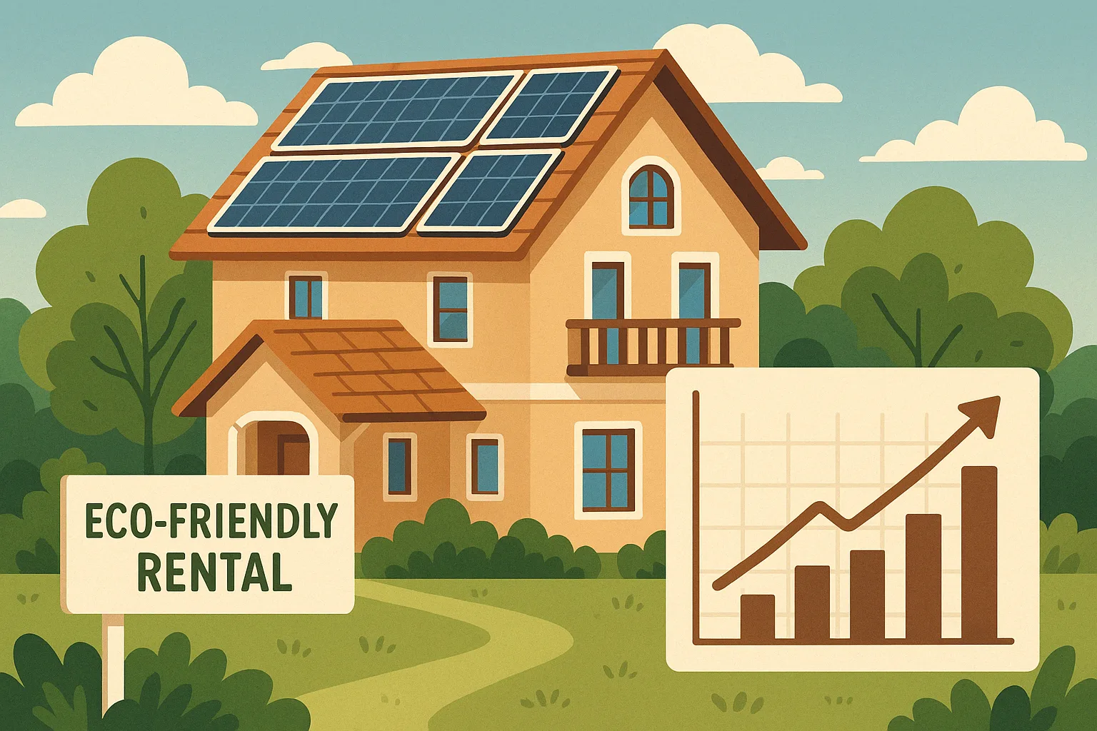 Eco-friendly rental property with solar panels and a financial growth chart.