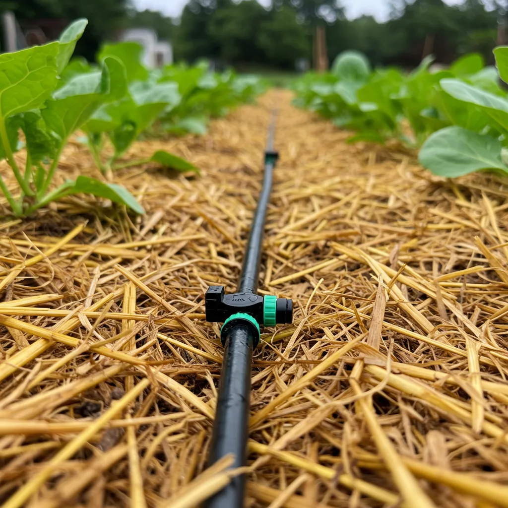 Close-up of drip irrigation system delivering water directly to vegetable plant roots with straw mulch conserving moisture in garden bed.