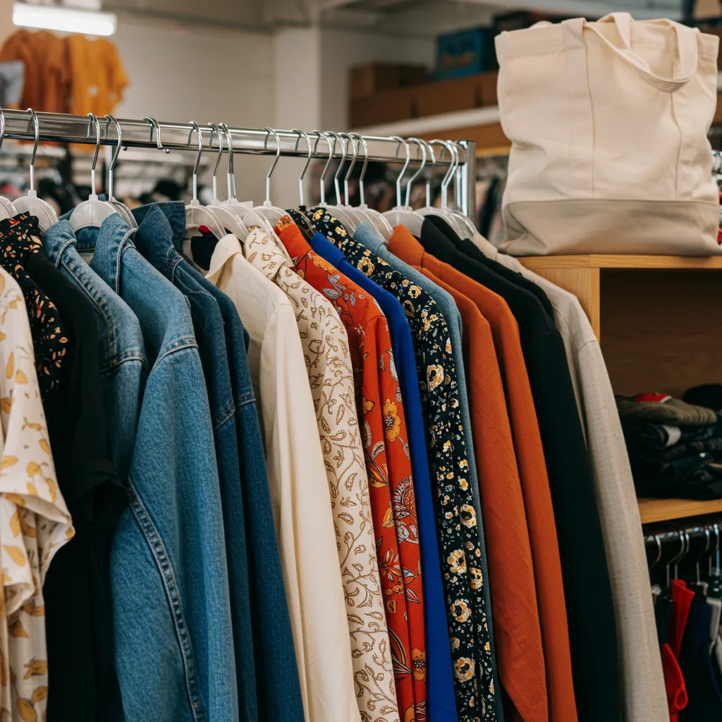 Colorful thrift store clothing rack with sustainable fashion finds and a reusable tote nearby.