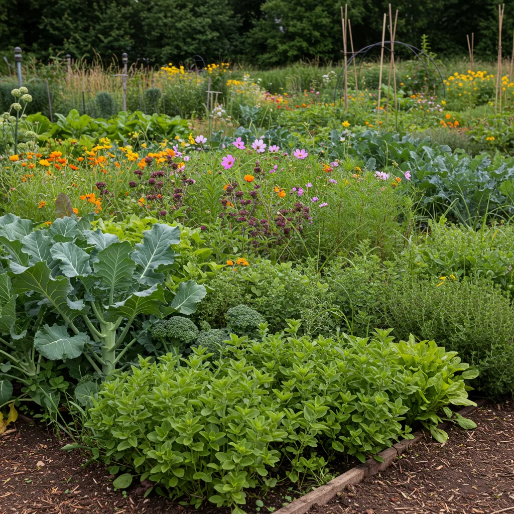 Diverse polyculture garden with layers of vegetables, herbs, and flowers growing together in harmony, demonstrating ecological planting principles.