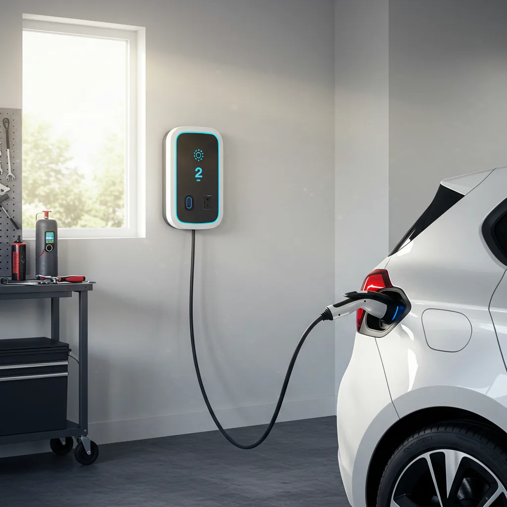 Electric car plugged into a Level 2 charger mounted on a garage wall.