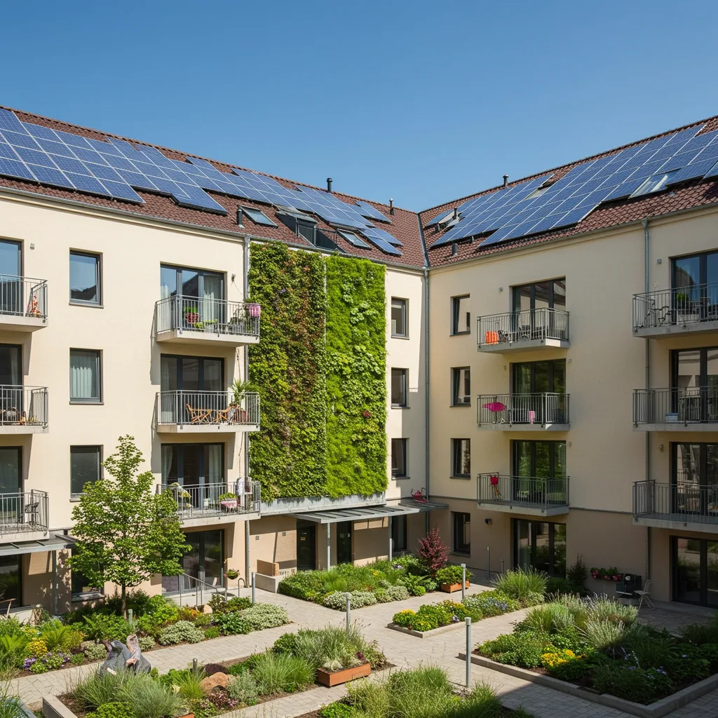 Energy-efficient multifamily building with green features and a loan approval graphic.