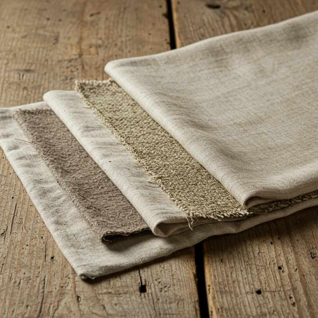 Flat lay of sustainable fabrics like organic cotton, hemp, and linen swatches on a wooden table.