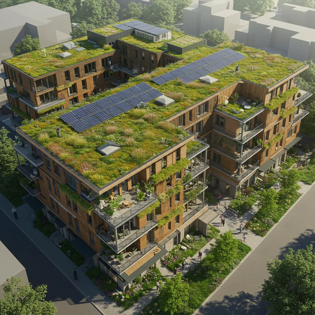 LEED-certified multifamily with green roof and solar arrays.