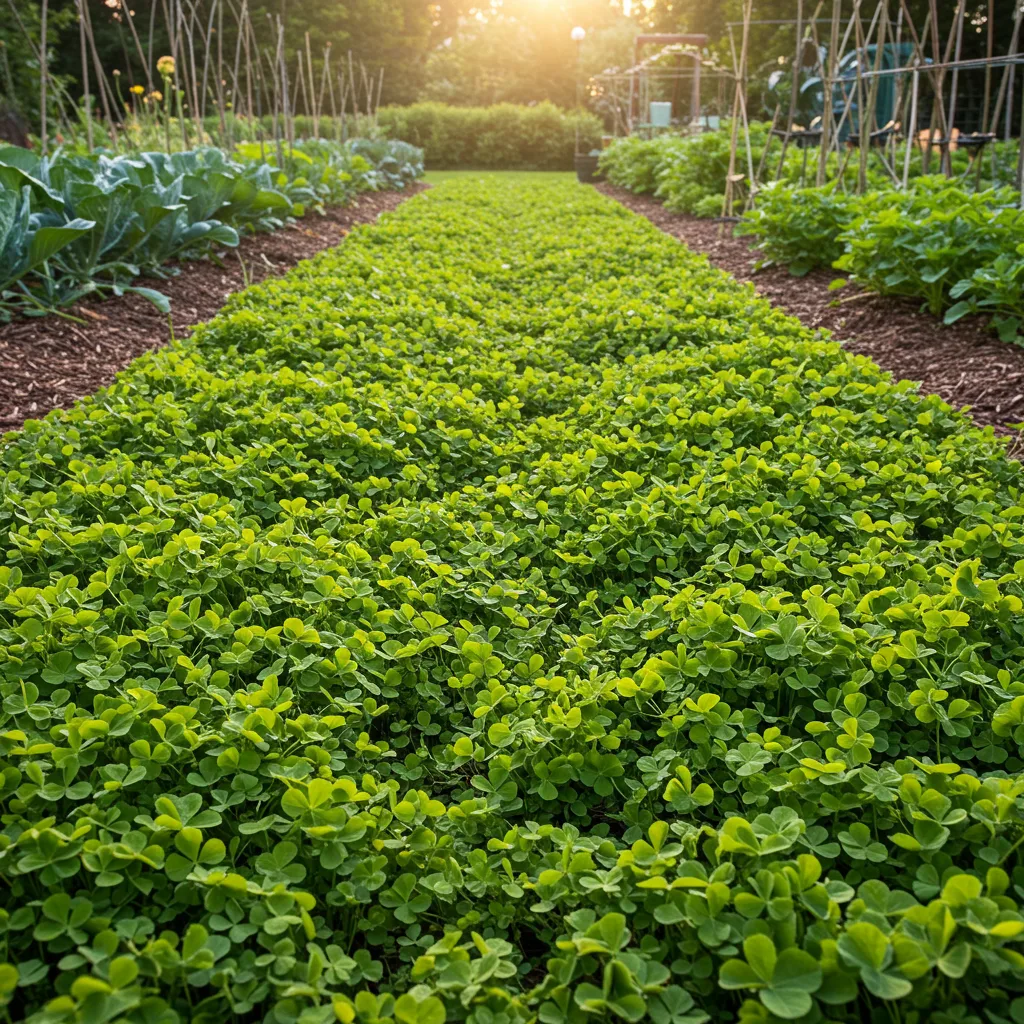 Lush green cover crop of clover growing between garden rows, demonstrating living mulch technique in a sustainable garden bed.