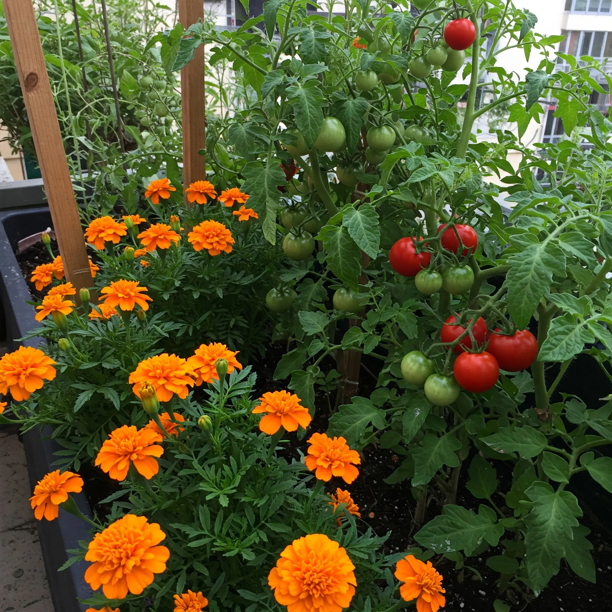 Marigolds and tomatoes growing together in an urban garden, demonstrating companion planting