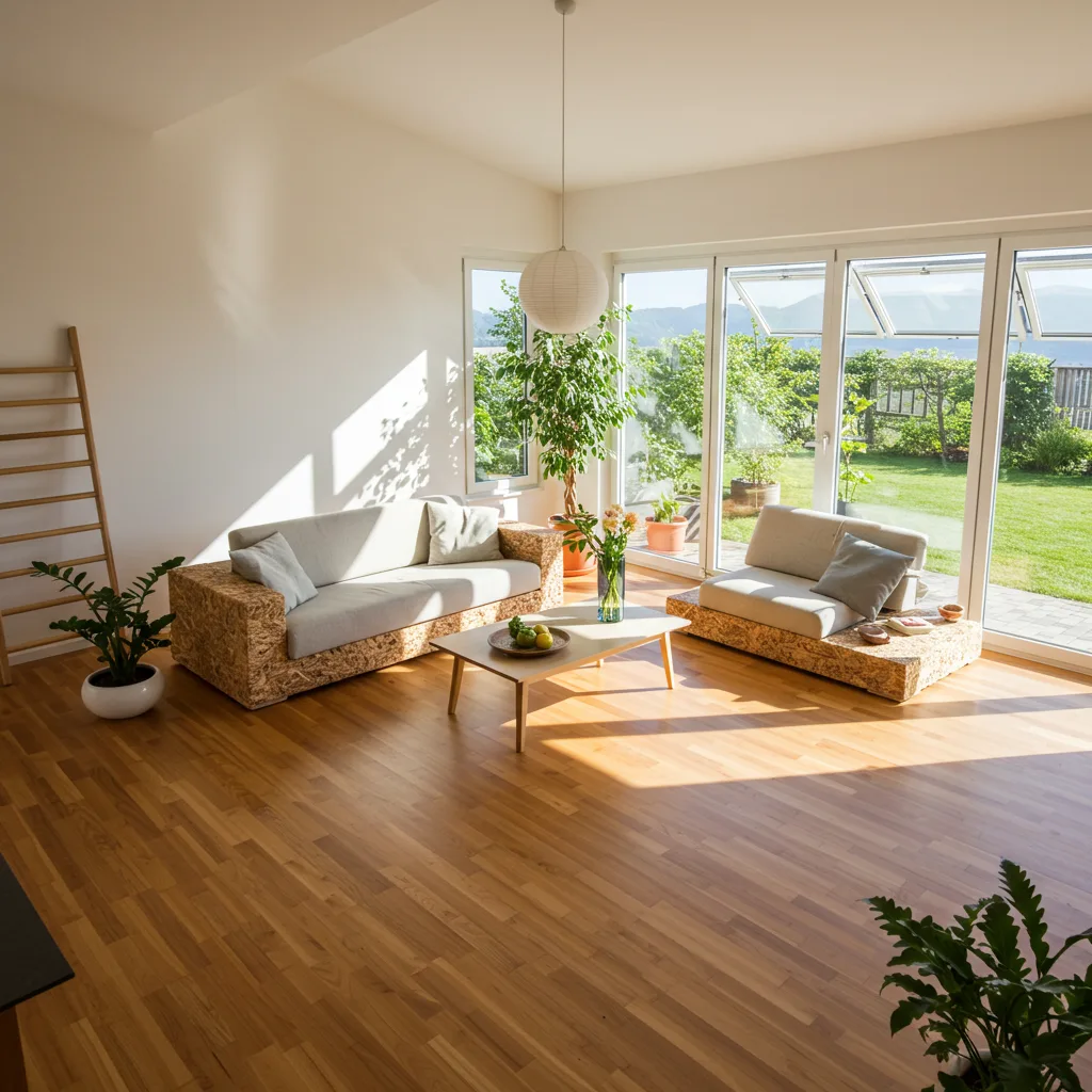 Modern eco-friendly home interior with bamboo flooring and energy-efficient windows