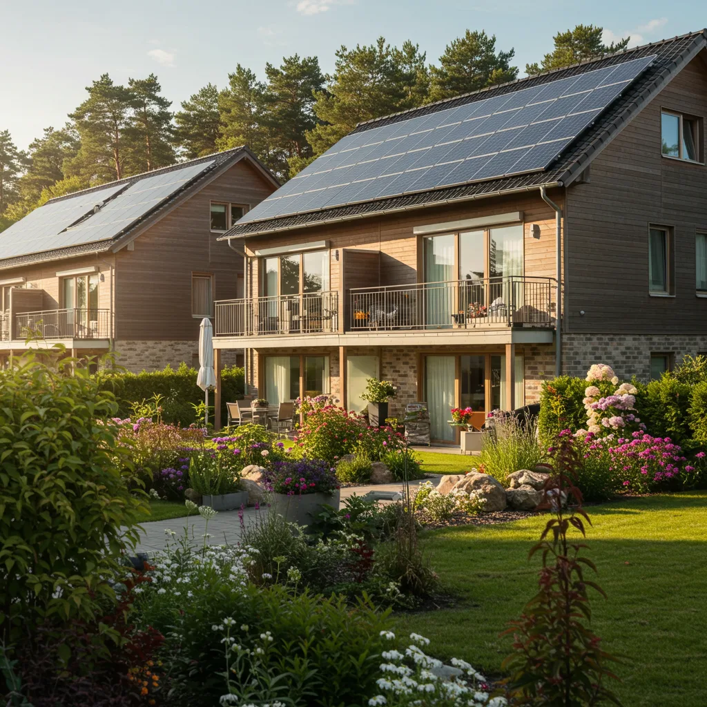 Modern eco-friendly rental with solar panels and lush landscaping.