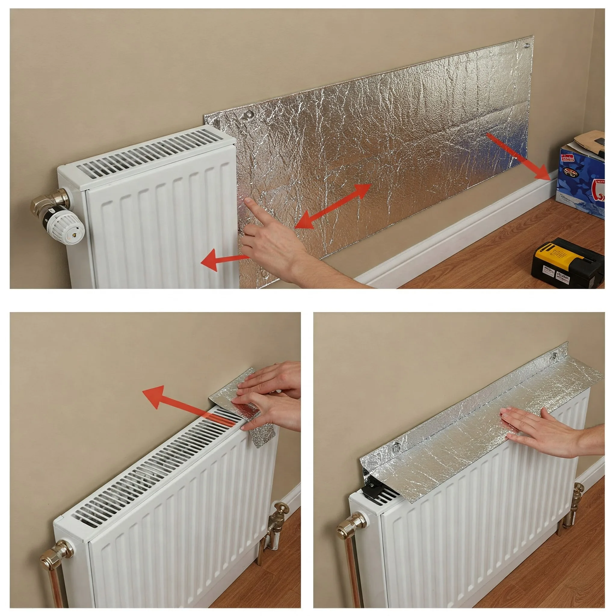 Reflective radiator panel installed behind a heater, a DIY energy-saving hack