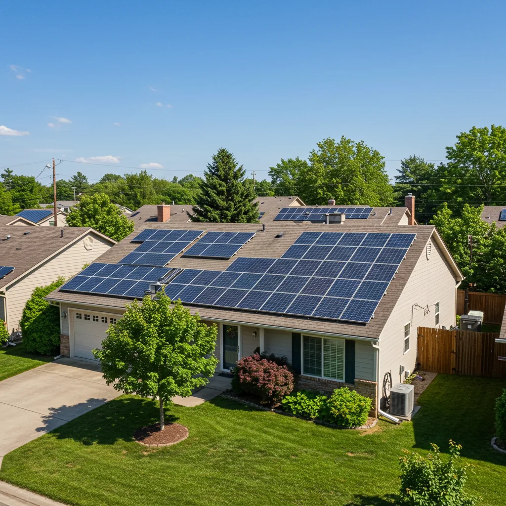 Sunny suburban house with solar panels installed on the roof.