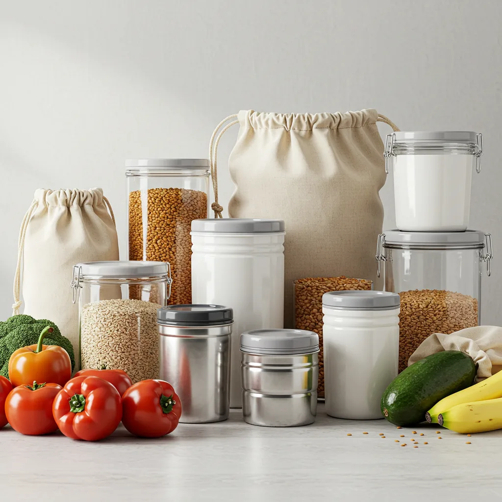 Reusable containers and cloth bags for bulk shopping