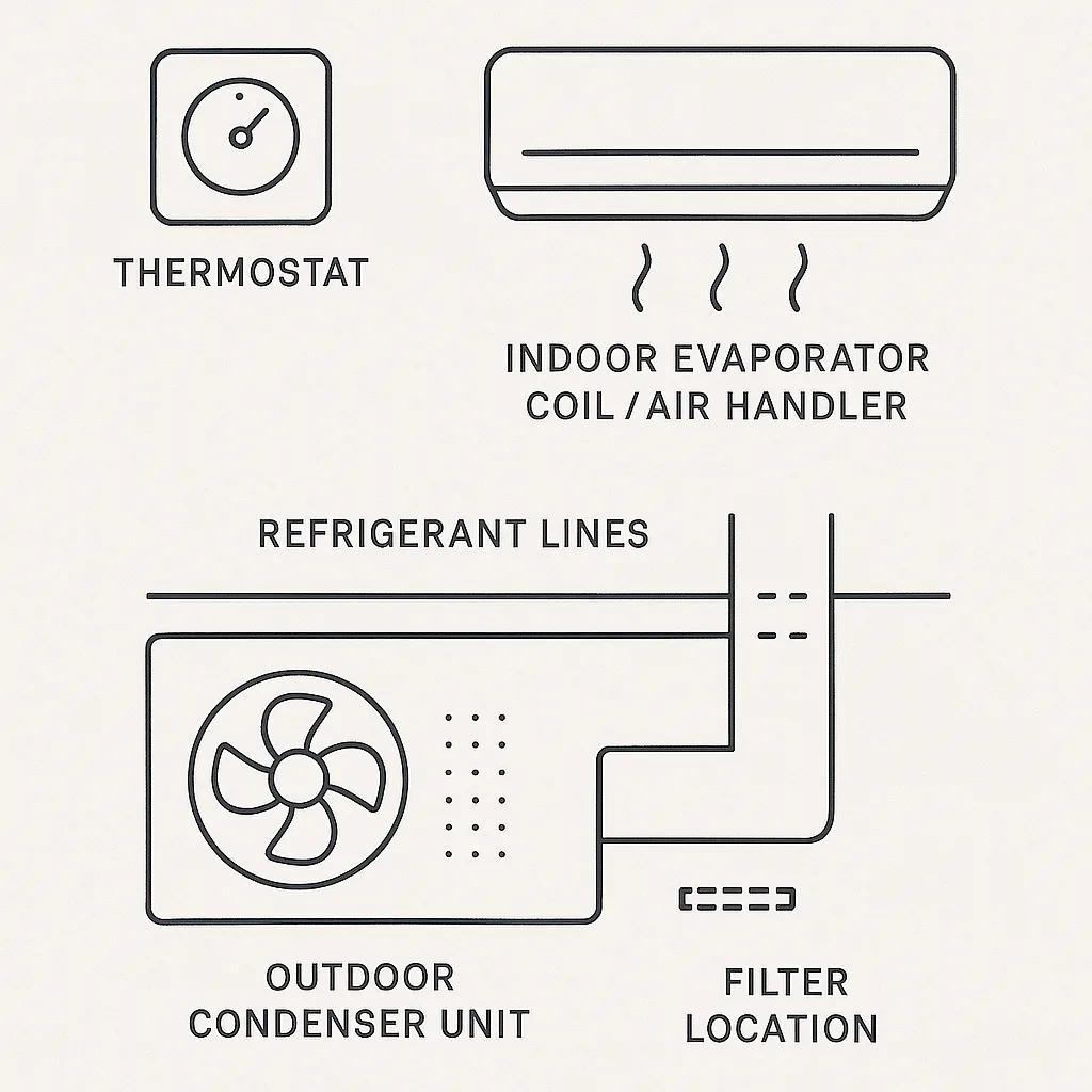 Simple diagram showing outdoor unit, indoor unit, thermostat, filter, and refrigerant lines of an air conditioning system.