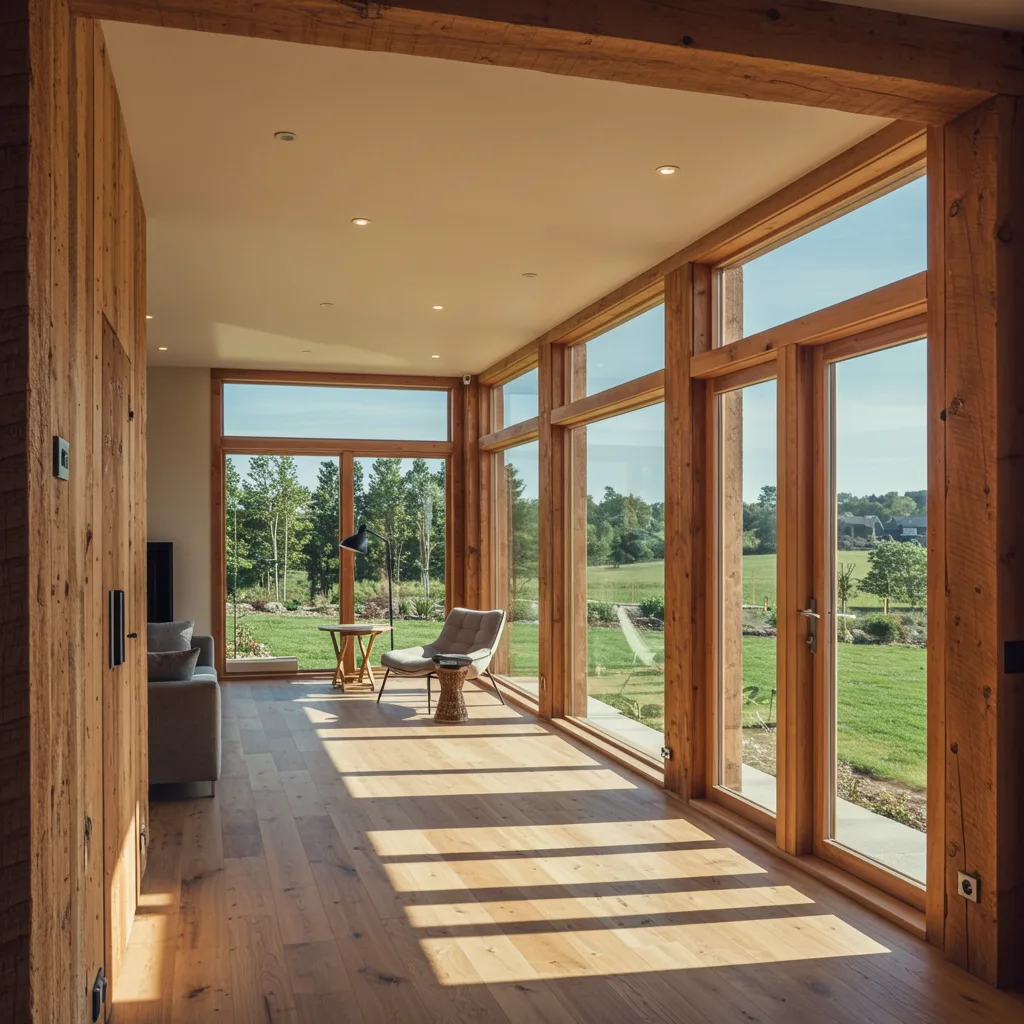 Sustainable home interior with reclaimed wood accents and large energy-efficient windows