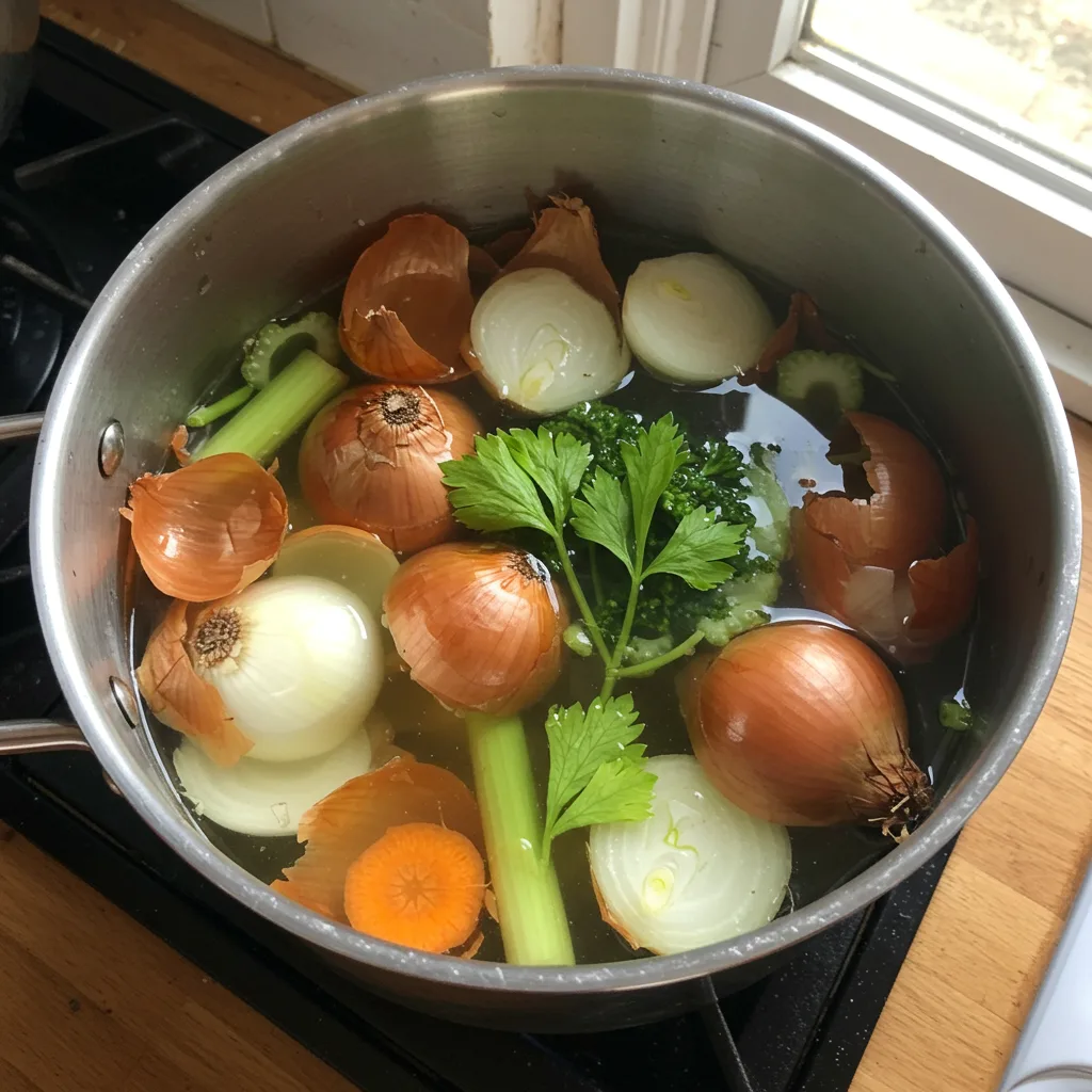 Vegetable scraps being used to make homemade stock