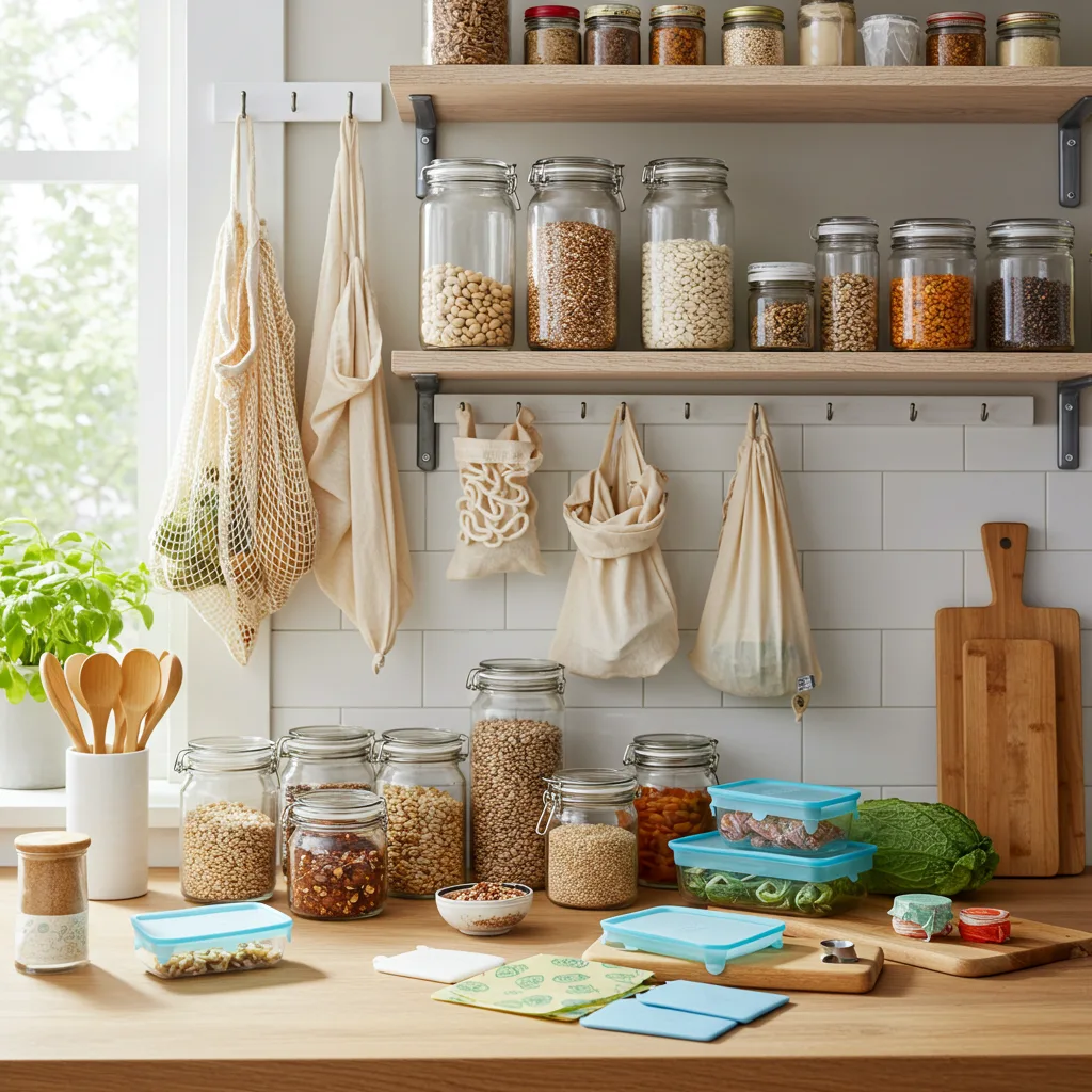 Zero-waste kitchen with glass containers, cloth bags, and reusable items