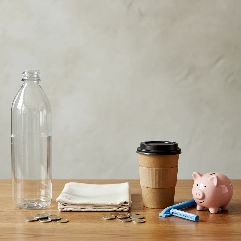 Bright flat lay of sustainable swaps like a reusable water bottle, cloth napkins, and coffee cup next to disposable counterparts with coins for savings emphasis.