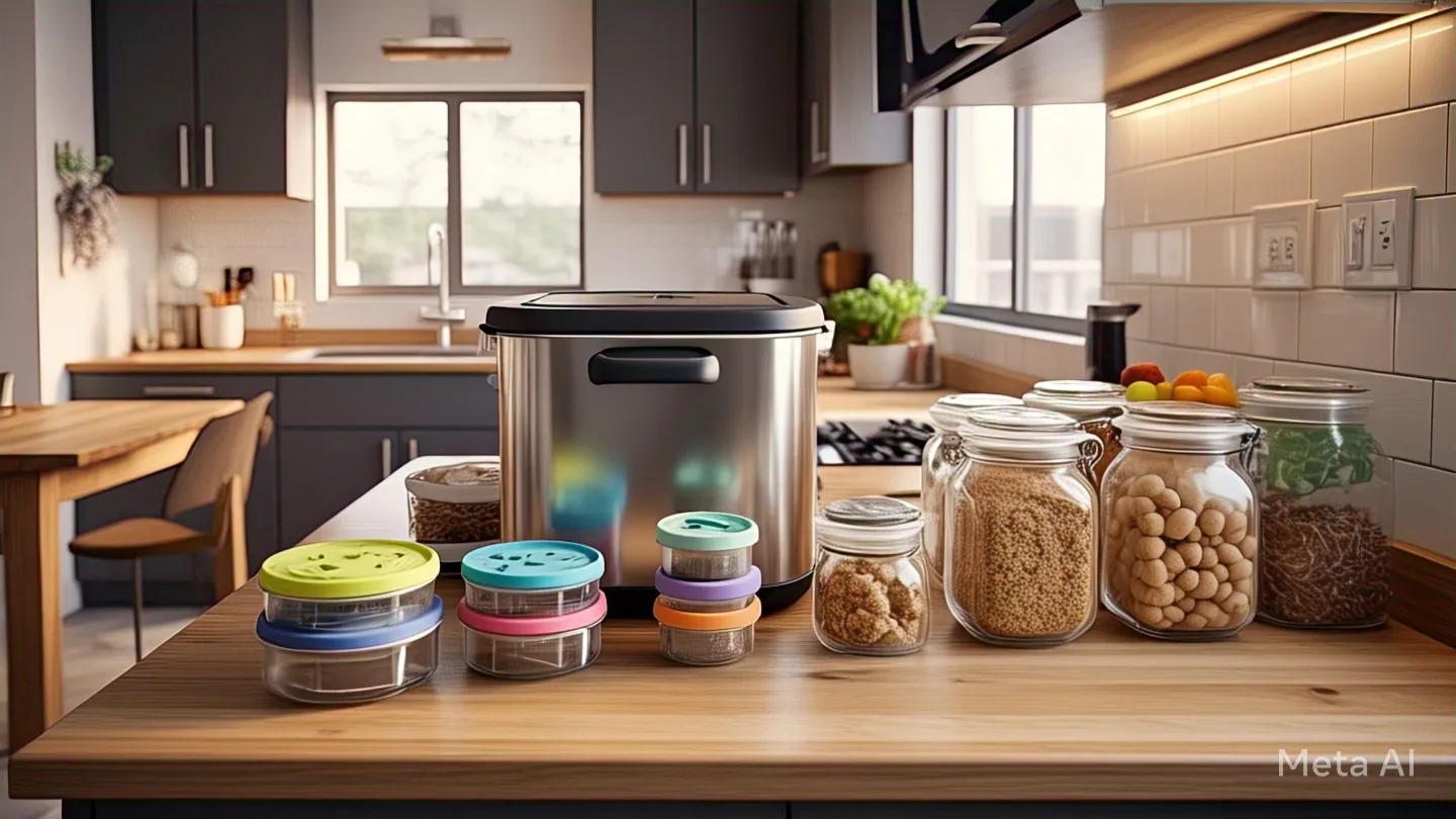 Compact apartment kitchen with a countertop compost bin, silicone lids, and glass storage jars.