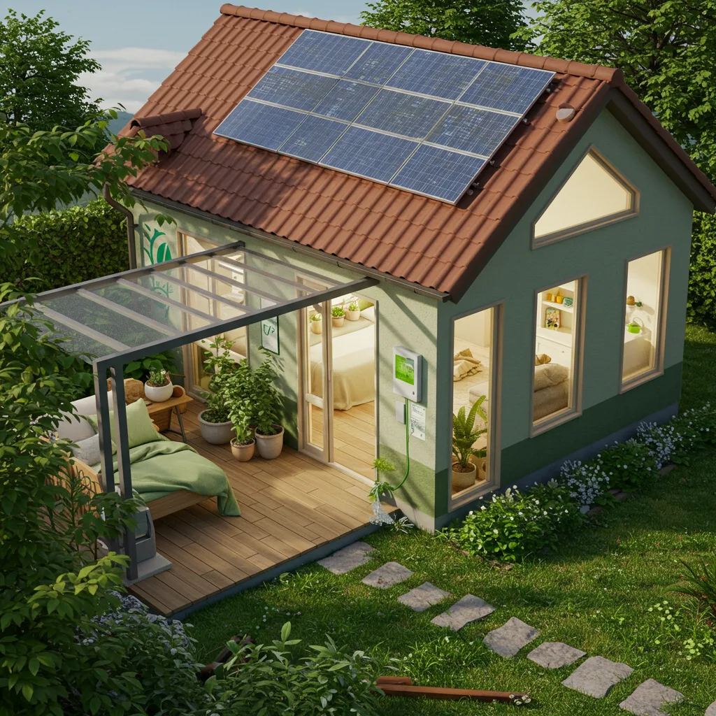 cozy home with eco-friendly upgrades like LED lights,