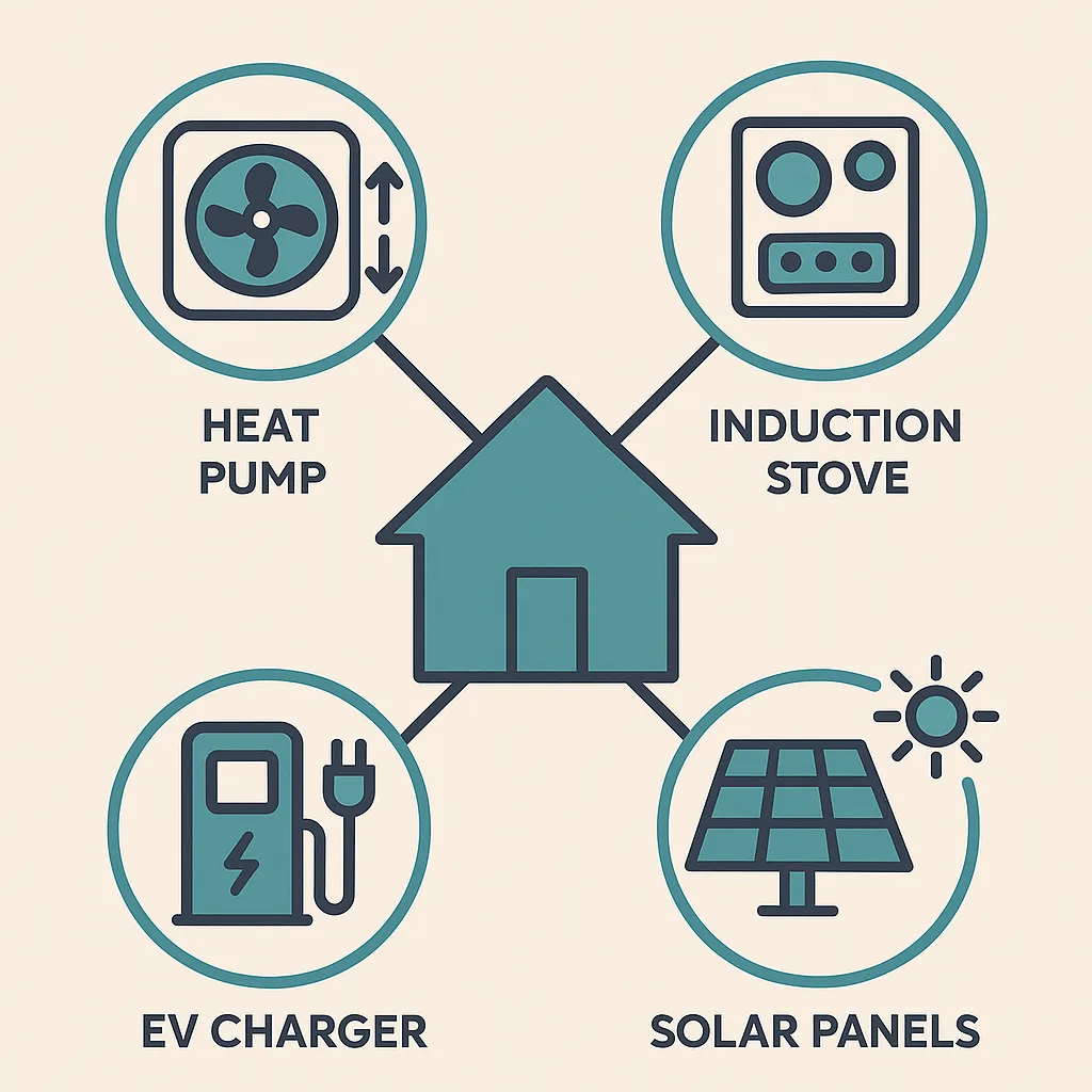 Infographic showing icons for heat pump, induction stove, EV charger, and solar panels connected to a house.