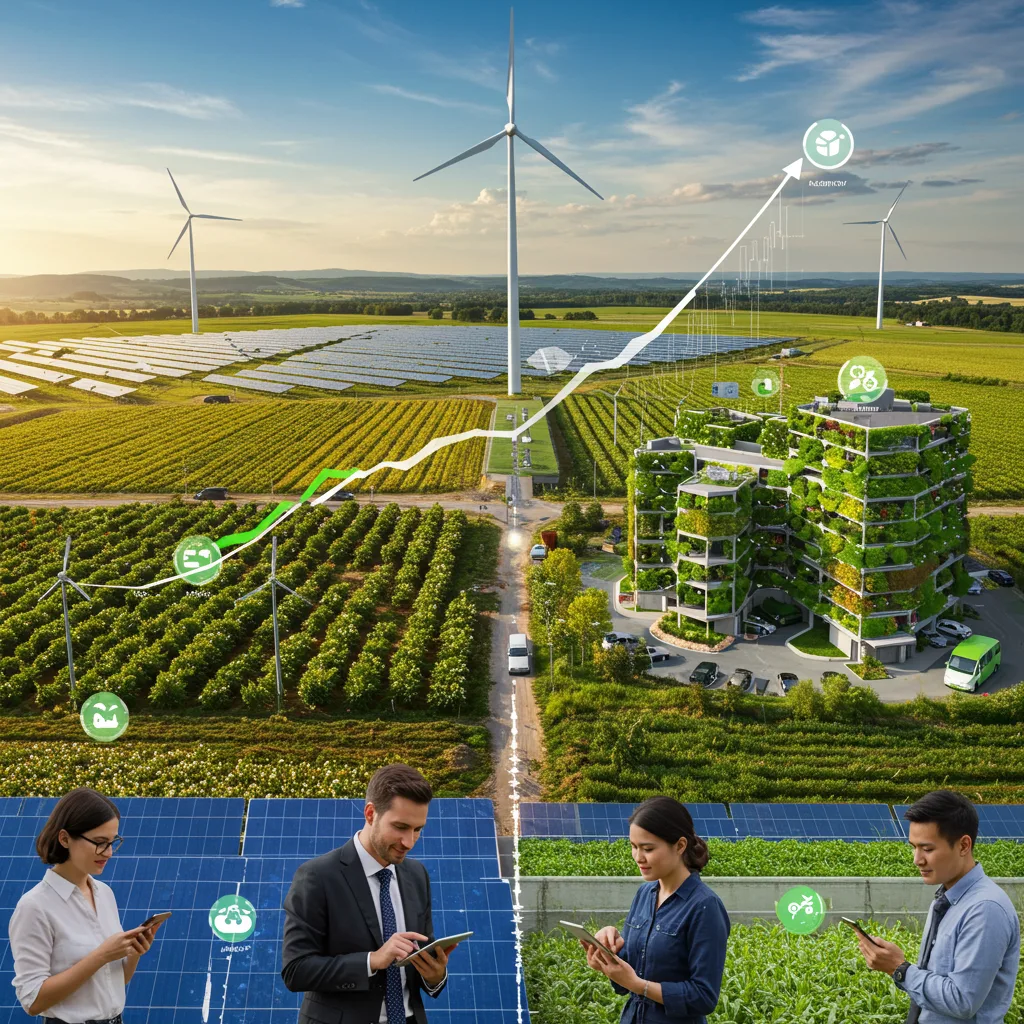Visual representation of diverse green investment opportunities in 2025 showing growth charts, renewable energy projects, and sustainable agriculture developments