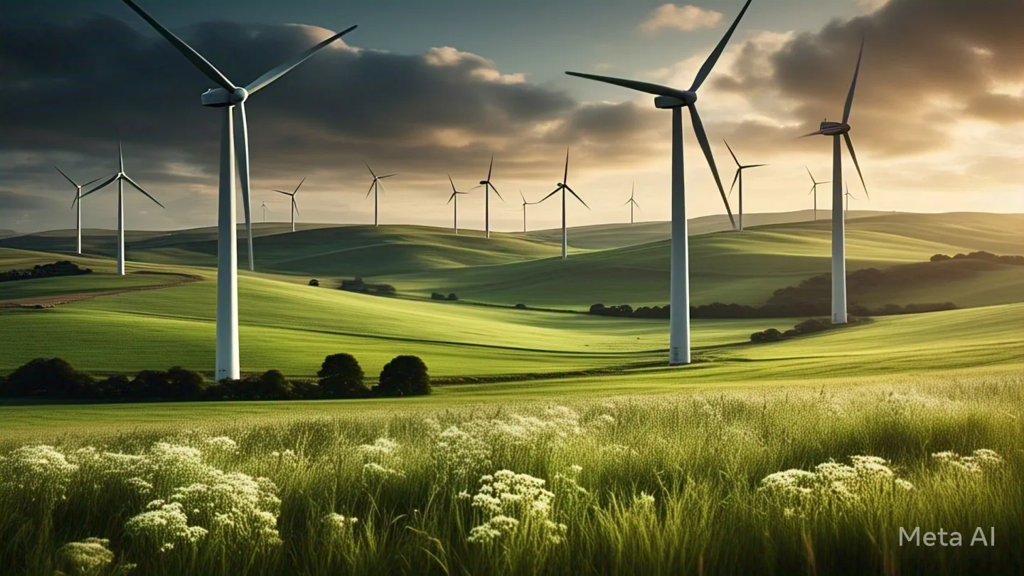 Wind turbines in a field with a financial portfolio graph in the foreground.