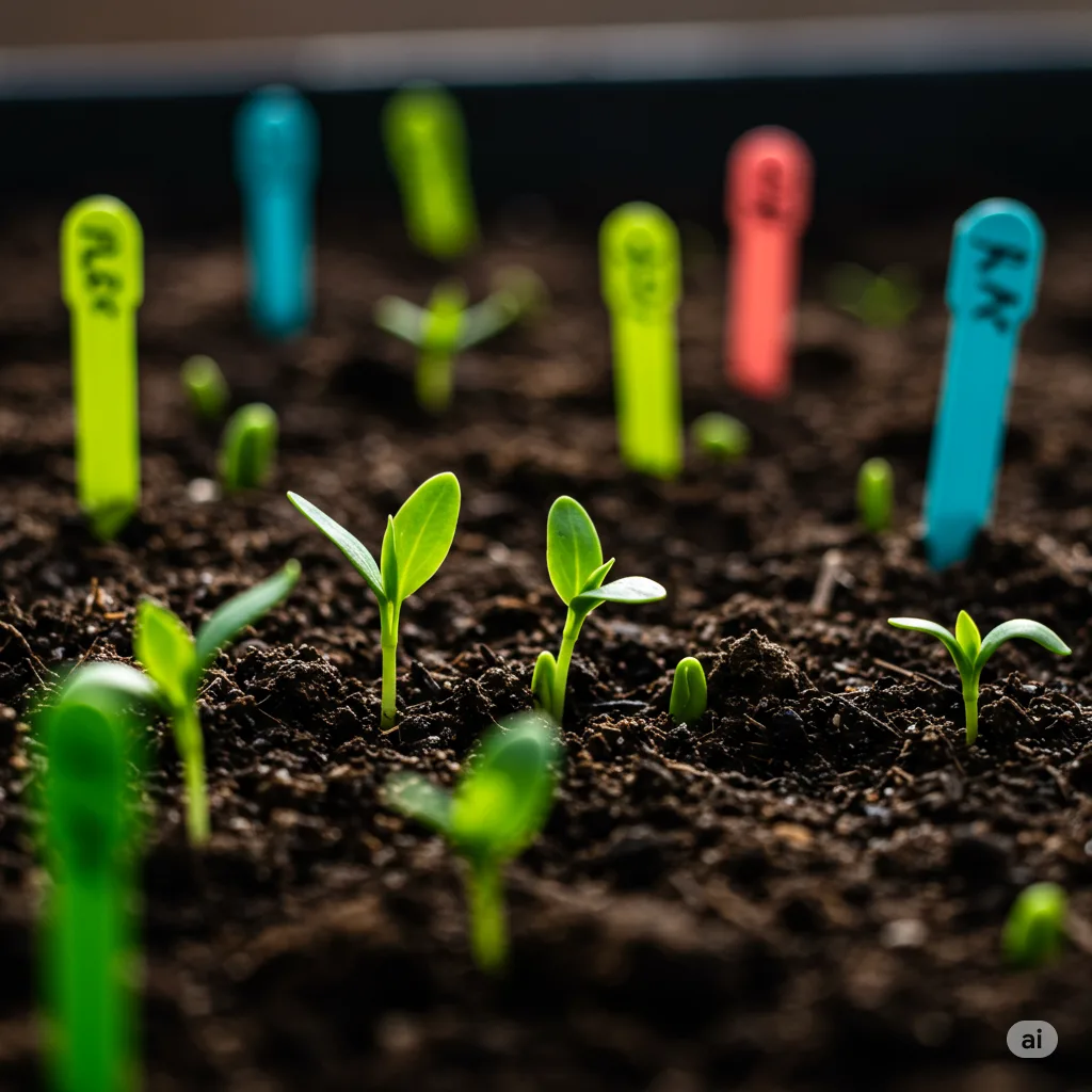 Early spring seedlings emerging from soil with plant markers