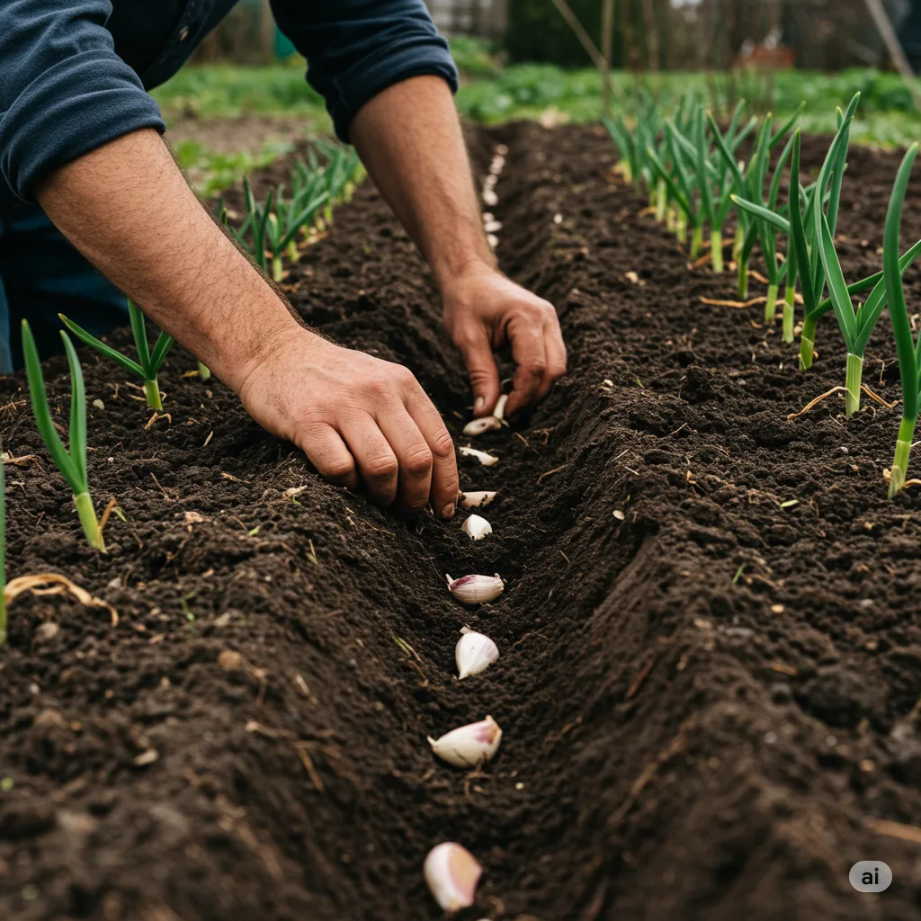 Gardener planting garlic cloves in well-prepared soil with row markers