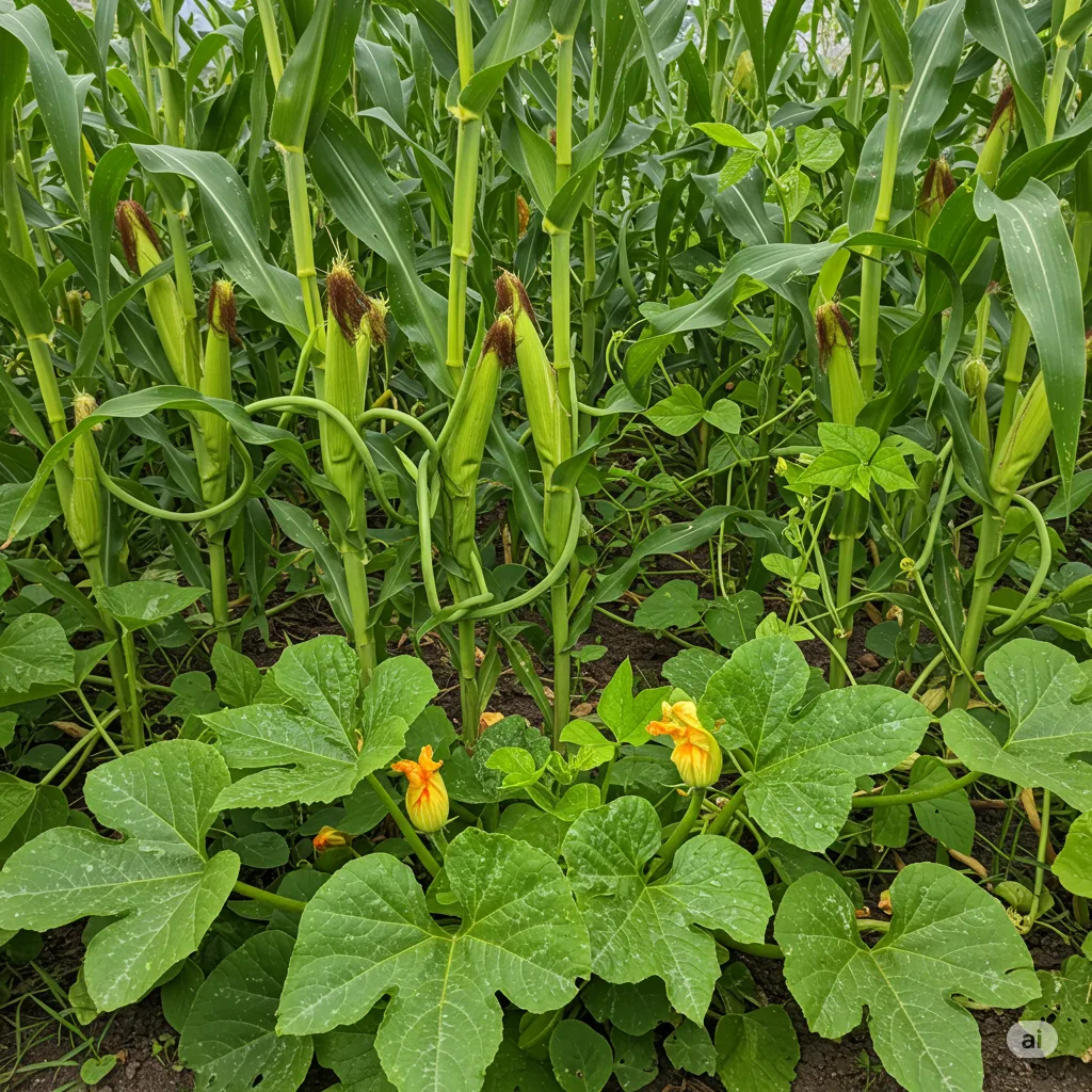 Three Sisters companion planting with corn, beans and squash growing together