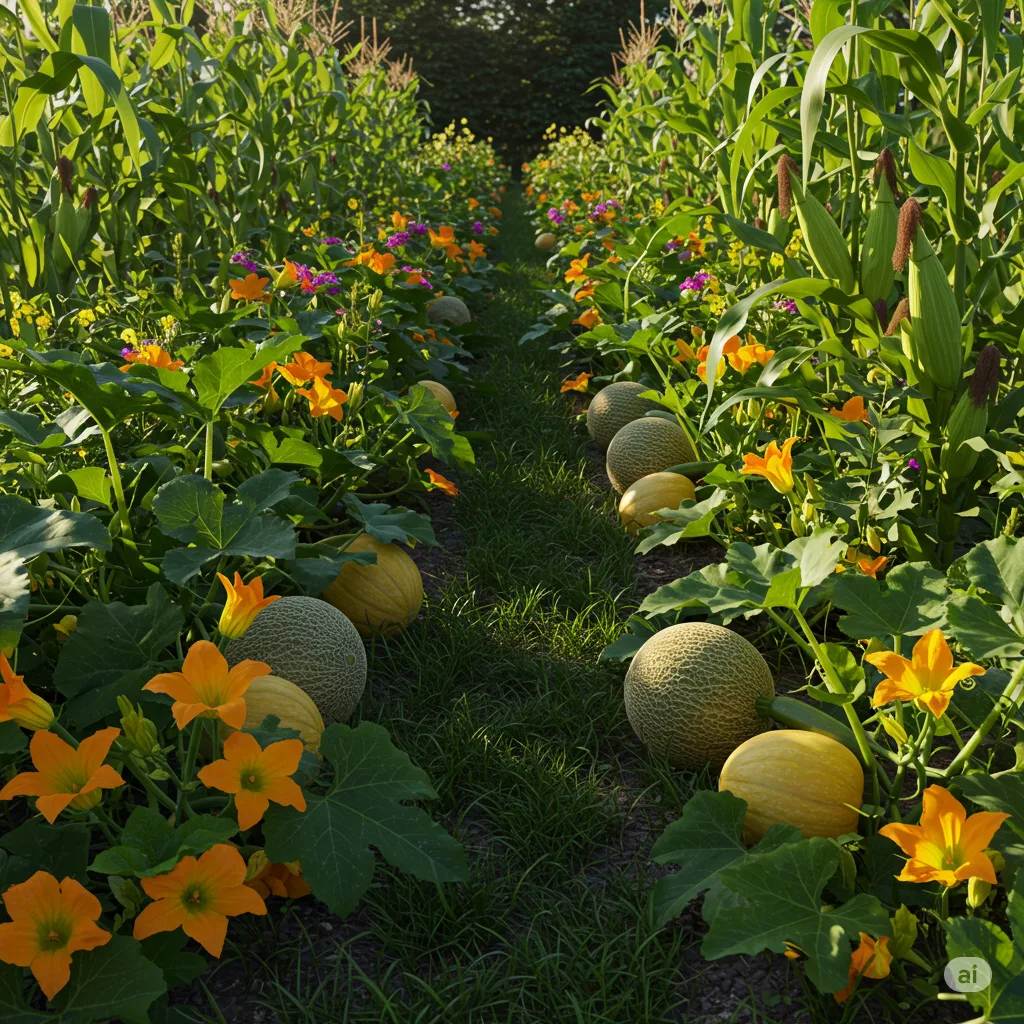 Thriving summer vegetable garden with corn, melons and flowering vegetables