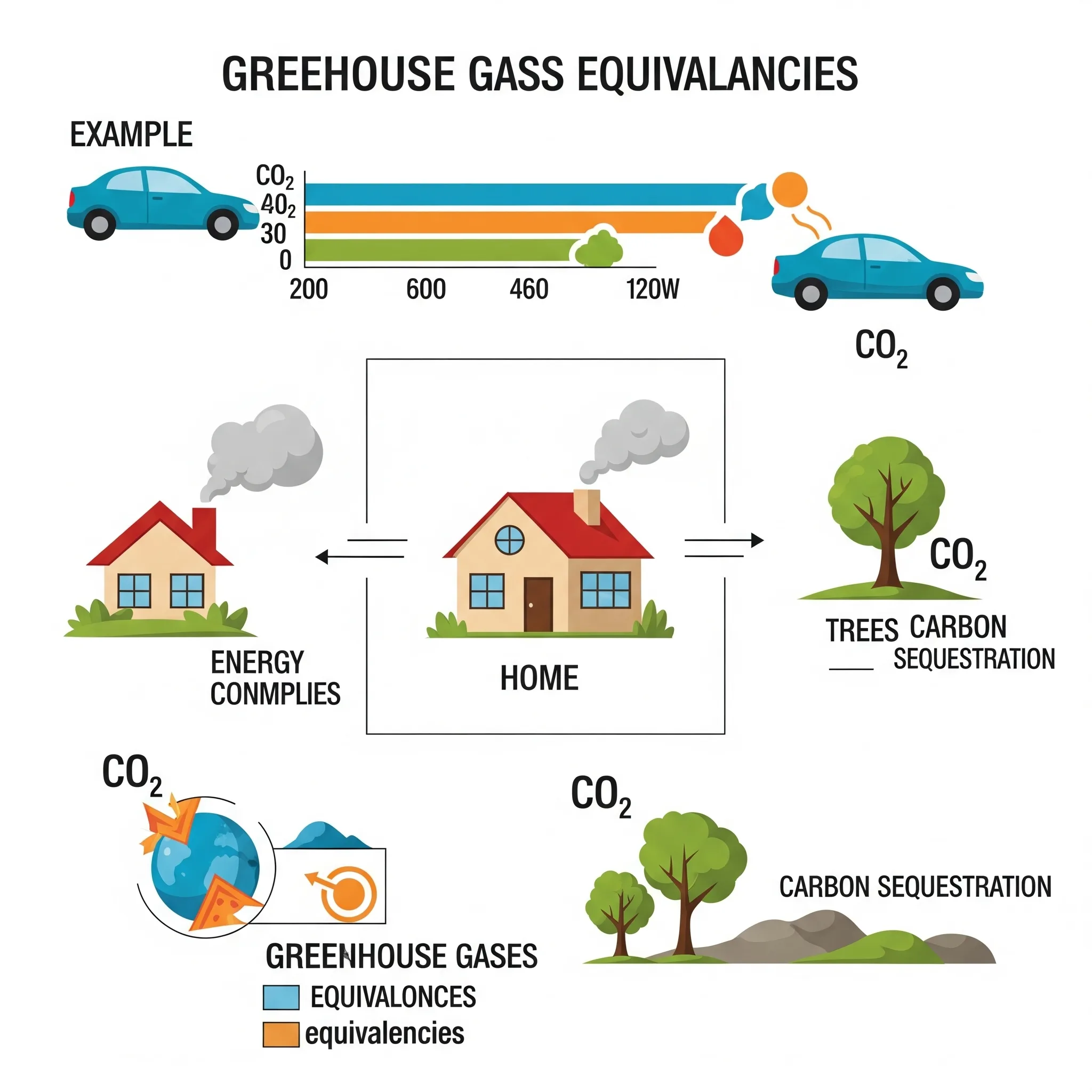 Infographic style image showing examples of greenhouse gas equivalencies, like cars, homes, and trees from a calculator.