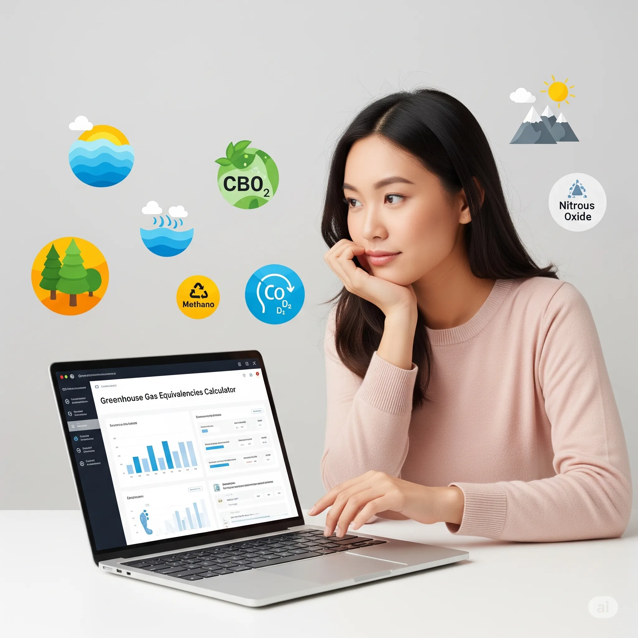 A person thoughtfully using a Greenhouse Gas Equivalencies Calculator on a laptop, surrounded by icons representing nature and emissions.