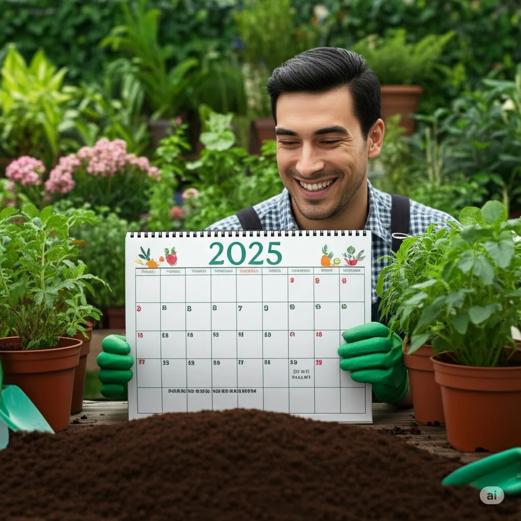 A joyful gardener looking at a planting calendar with a background of lush, thriving plants, symbolizing the success of a 2025 planting calendar.
