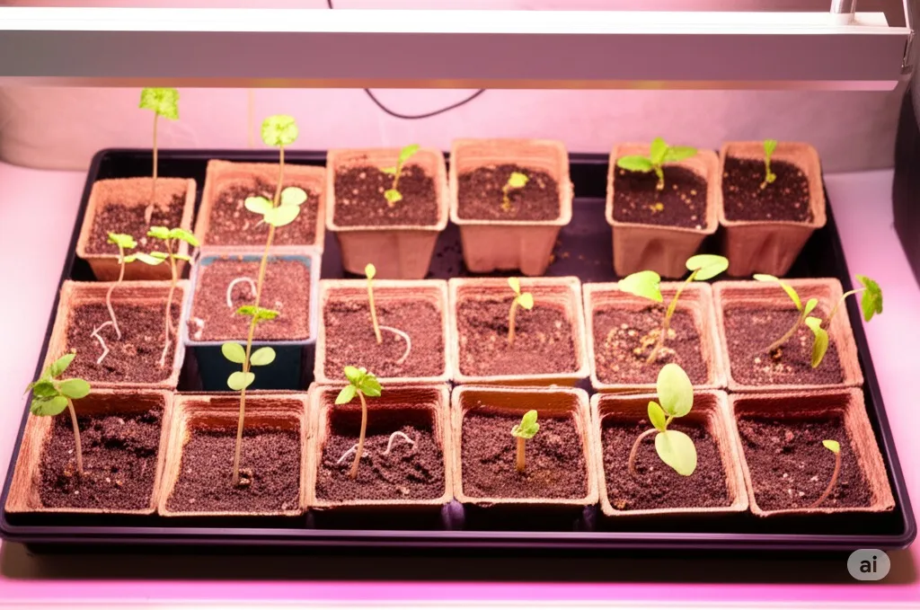 Seedlings growing under a grow light indoors, representing February's indoor sowing activities for the 2025 planting calendar.