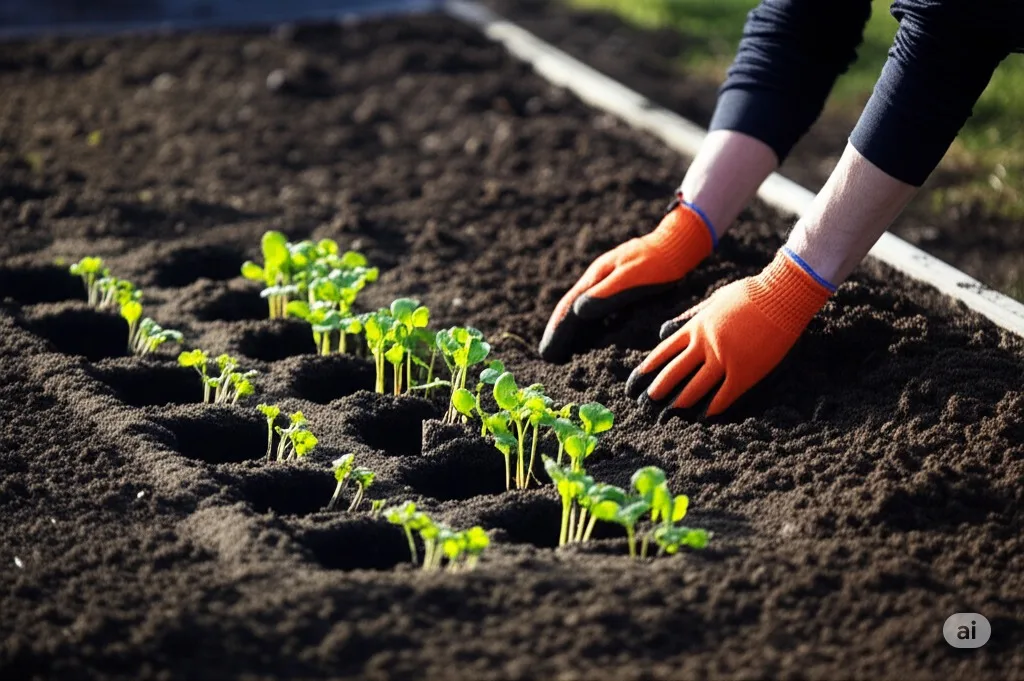 A gardener carefully planting young seedlings in a prepared garden bed in April, as per the 2025 planting calendar.