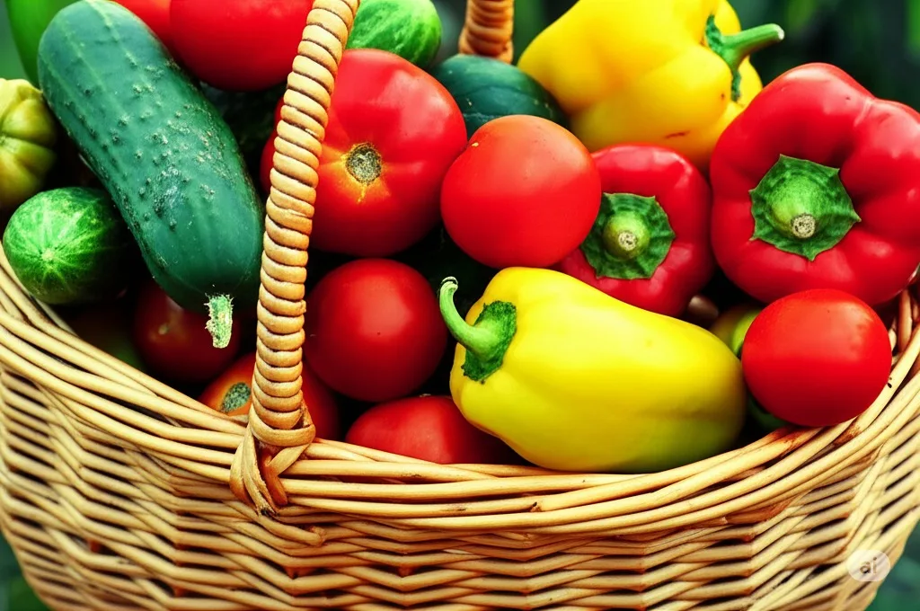 A basket full of freshly harvested summer vegetables like tomatoes, cucumbers, and peppers, representing July's bounty from the 2025 planting calendar.