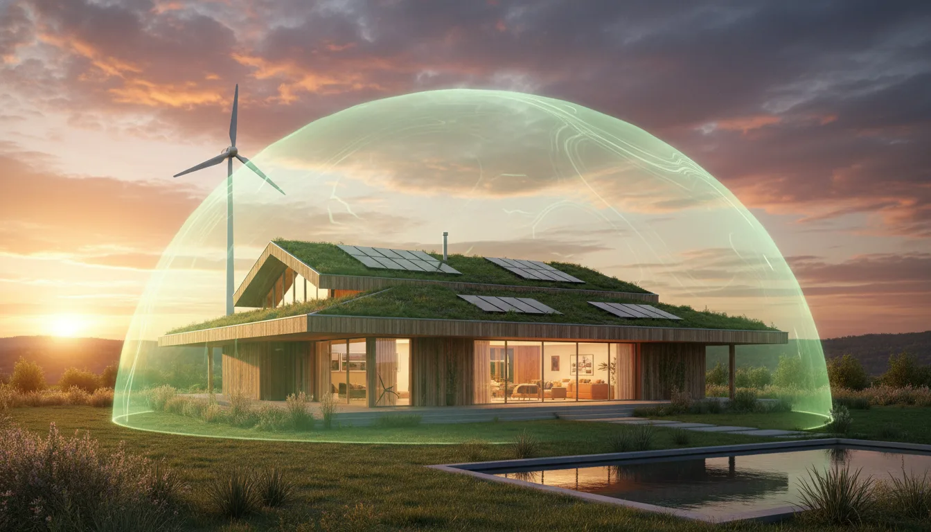 Modern eco-friendly home with solar panels and a green roof covered by a glowing protective insurance shield
