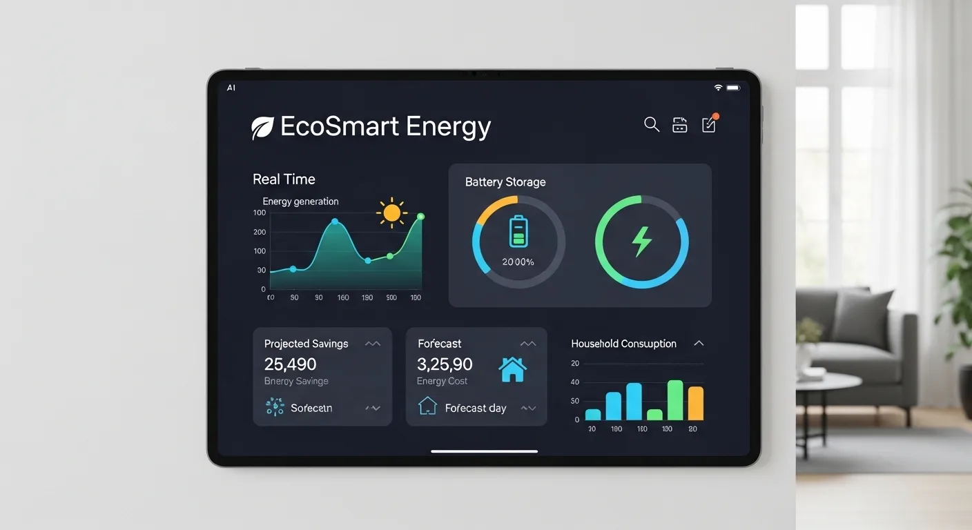 A modern smart home tablet displaying an AI home energy management system dashboard with solar and battery usage metrics