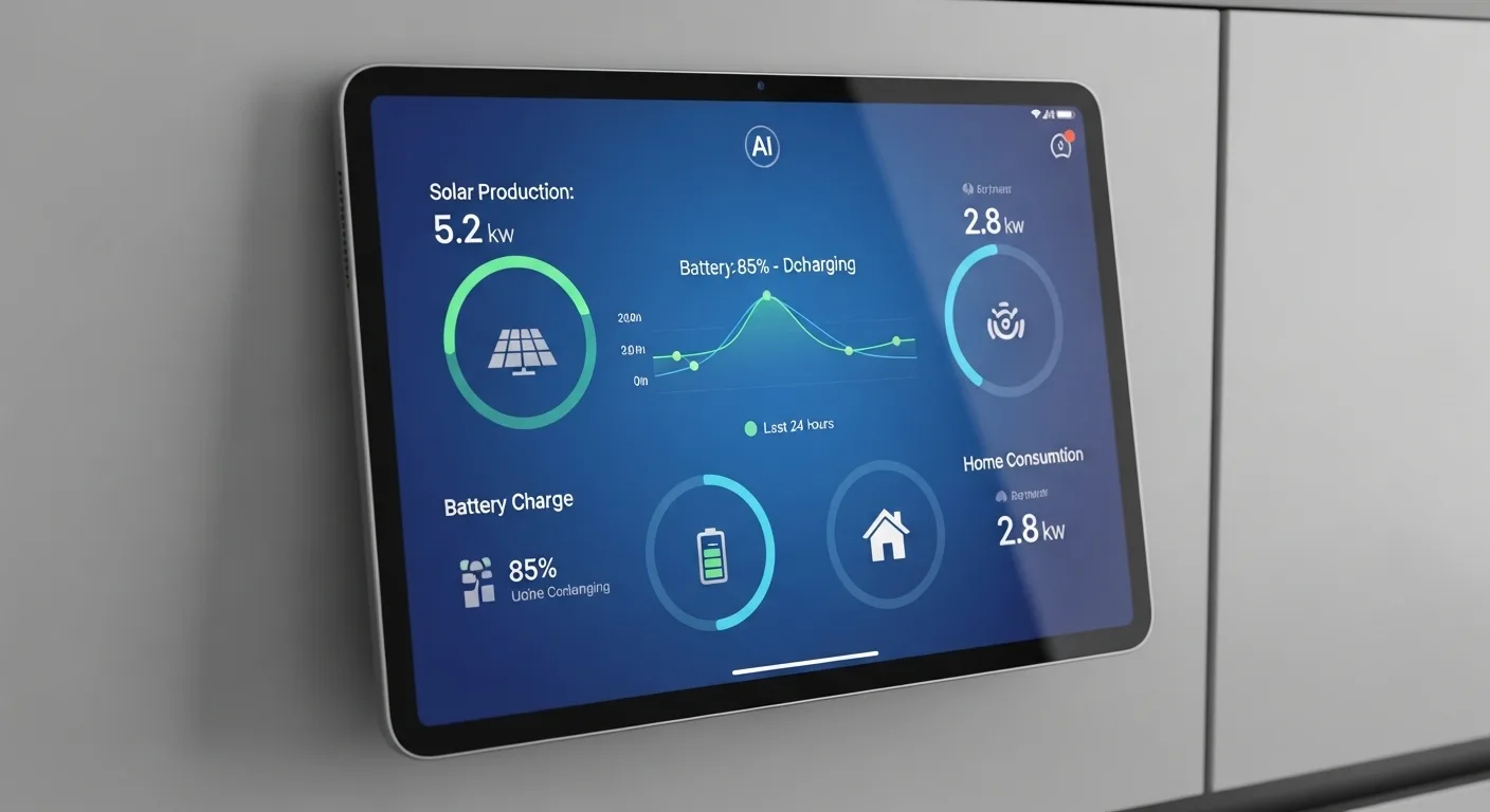 A modern smart home tablet displaying an AI home energy management system dashboard with solar and battery usage metrics