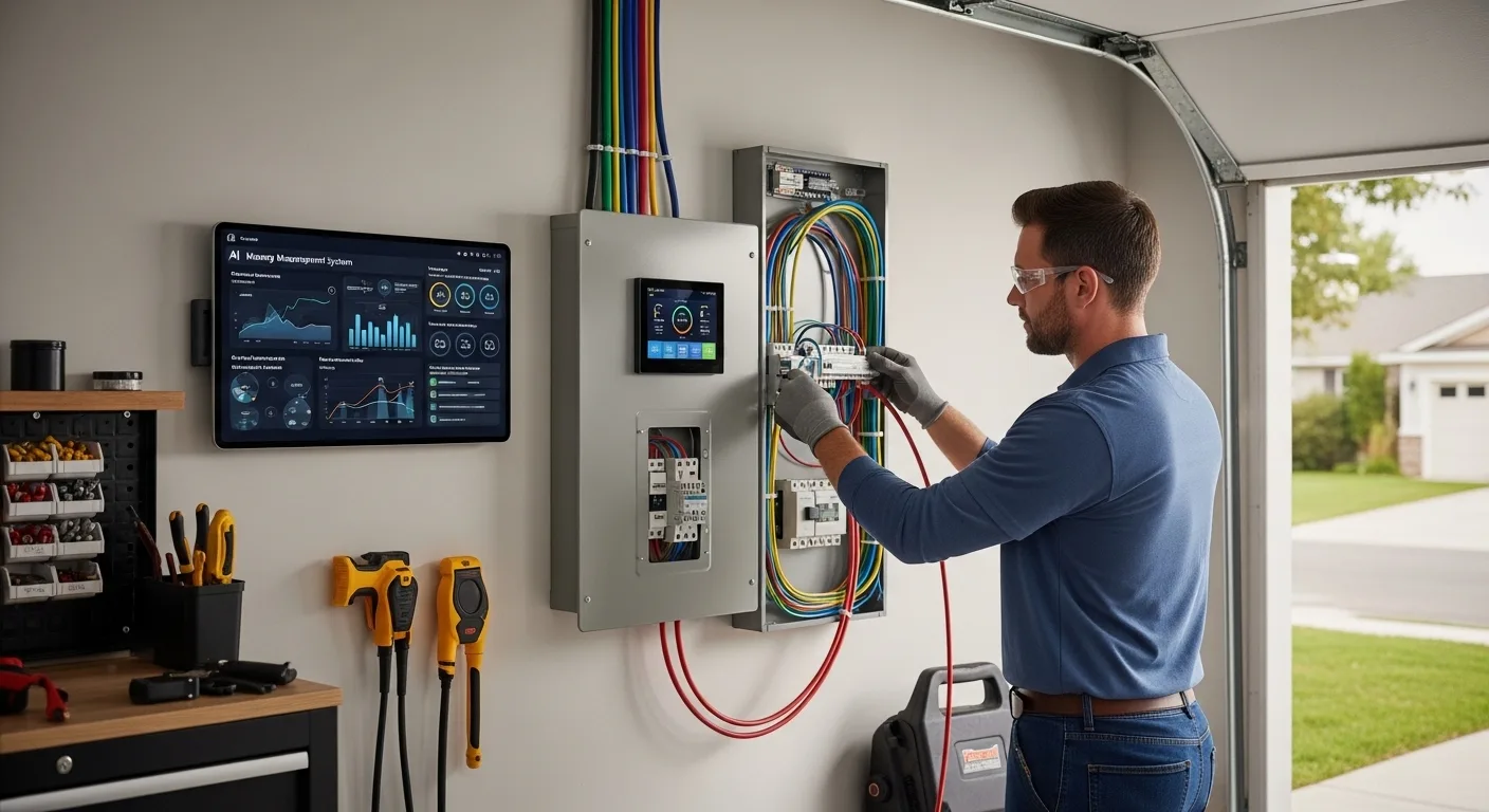 An electrician installing a smart electrical panel connected to an AI home energy management system in a residential garage