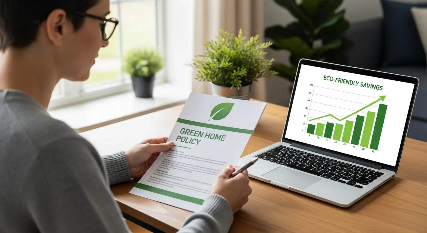 Modern eco-friendly home with solar panels and a green roof covered by a glowing protective insurance shield