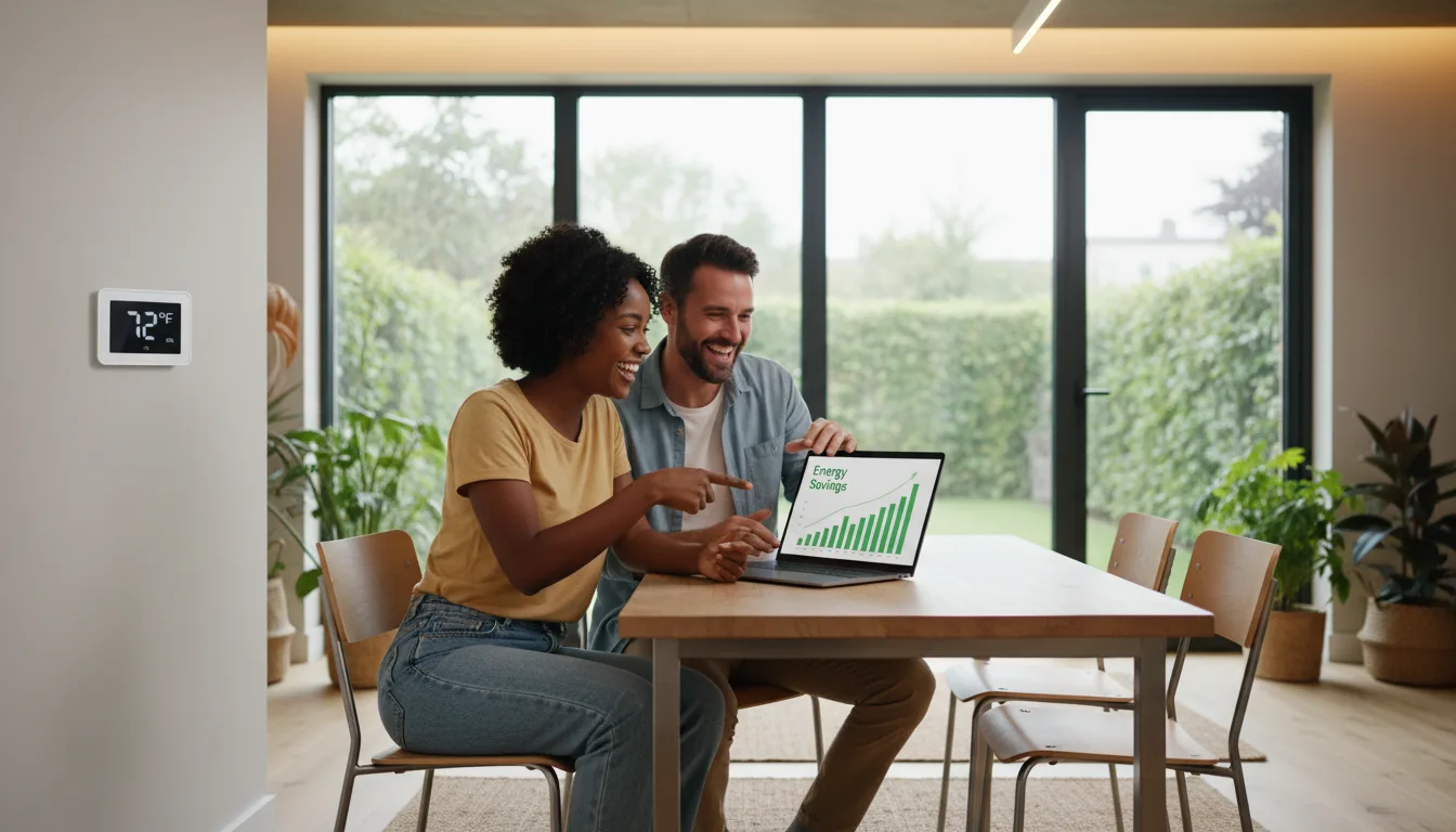 Homeowner reviewing a green home insurance policy document with a laptop displaying eco-friendly savings
