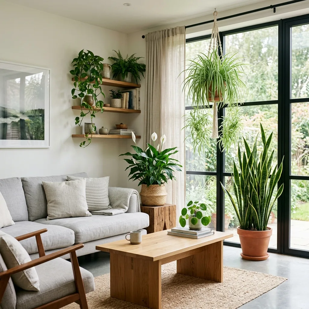 A variety of healthy indoor plants in a modern eco-friendly living room 2026