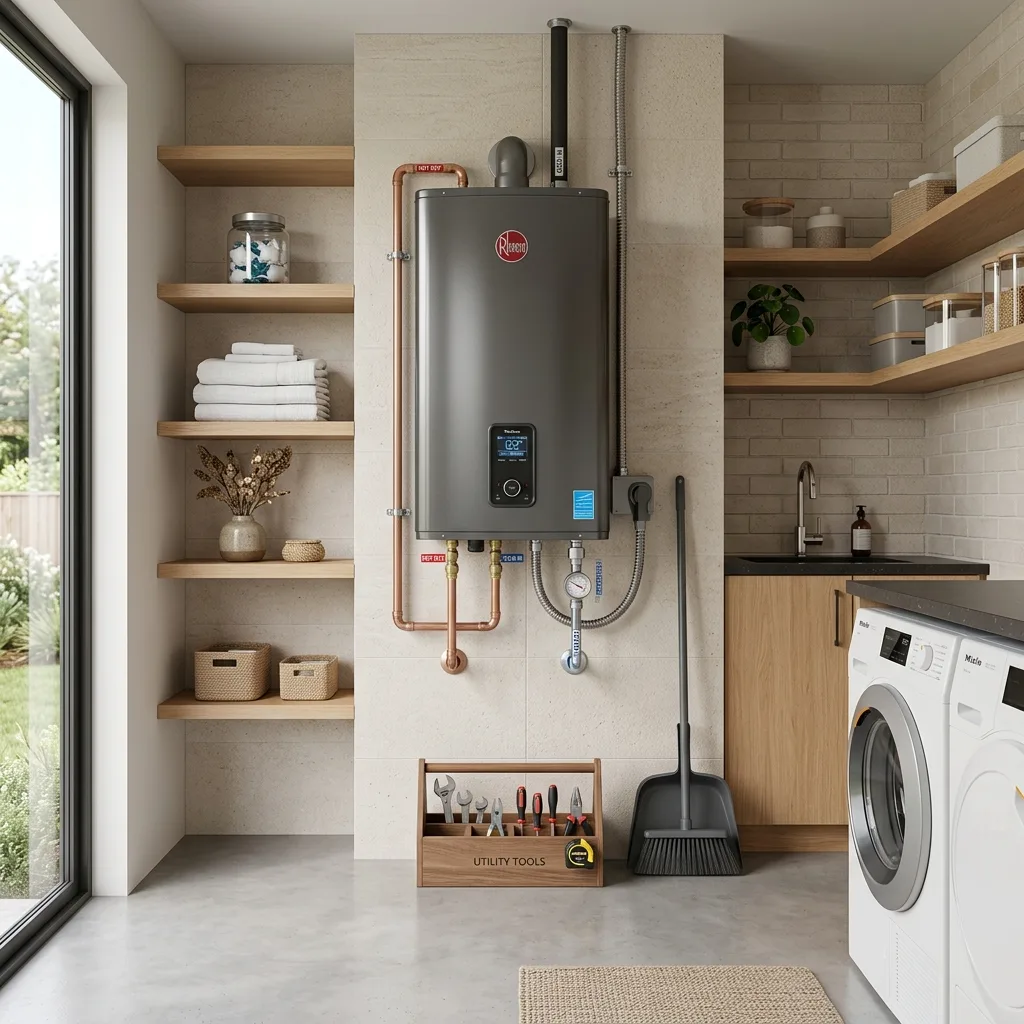 A sleek modern hybrid heat pump water heater in a clean utility room