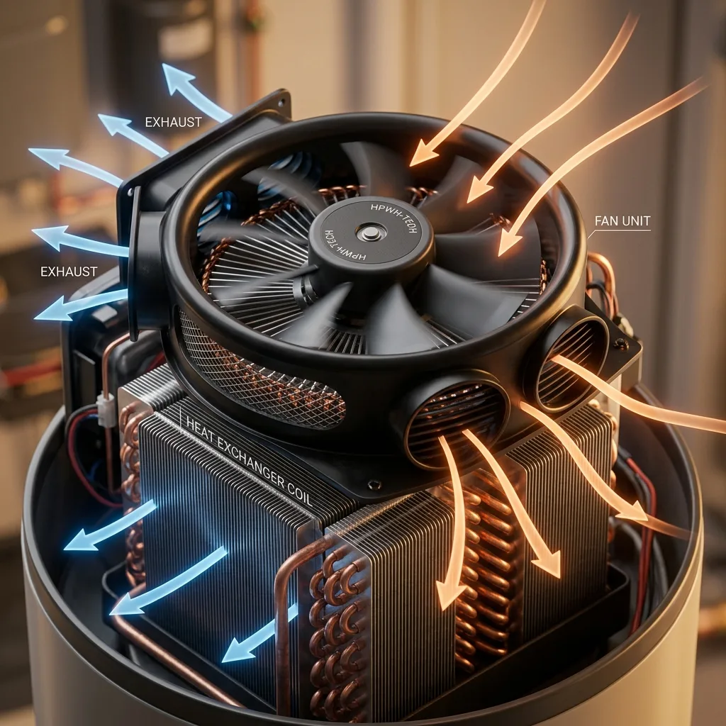 Visualization of warm air entering and cool air exiting a heat pump water heater