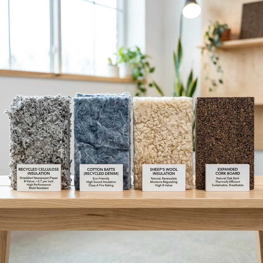 Samples of cellulose, cotton denim, sheep wool and cork insulation side by side